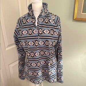 Eddie Bauer Cozy Blue and Brown Zip Up Fleece with Geometric Pattern